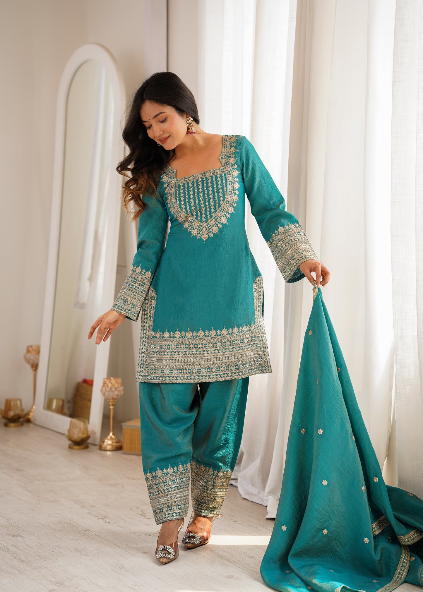 Party Wear NC Vichitra Silk Farshi Shalwar Set with Lace Dupatta