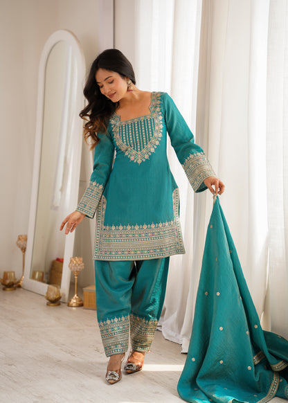 Party Wear NC Vichitra Silk Farshi Shalwar Set with Lace Dupatta
