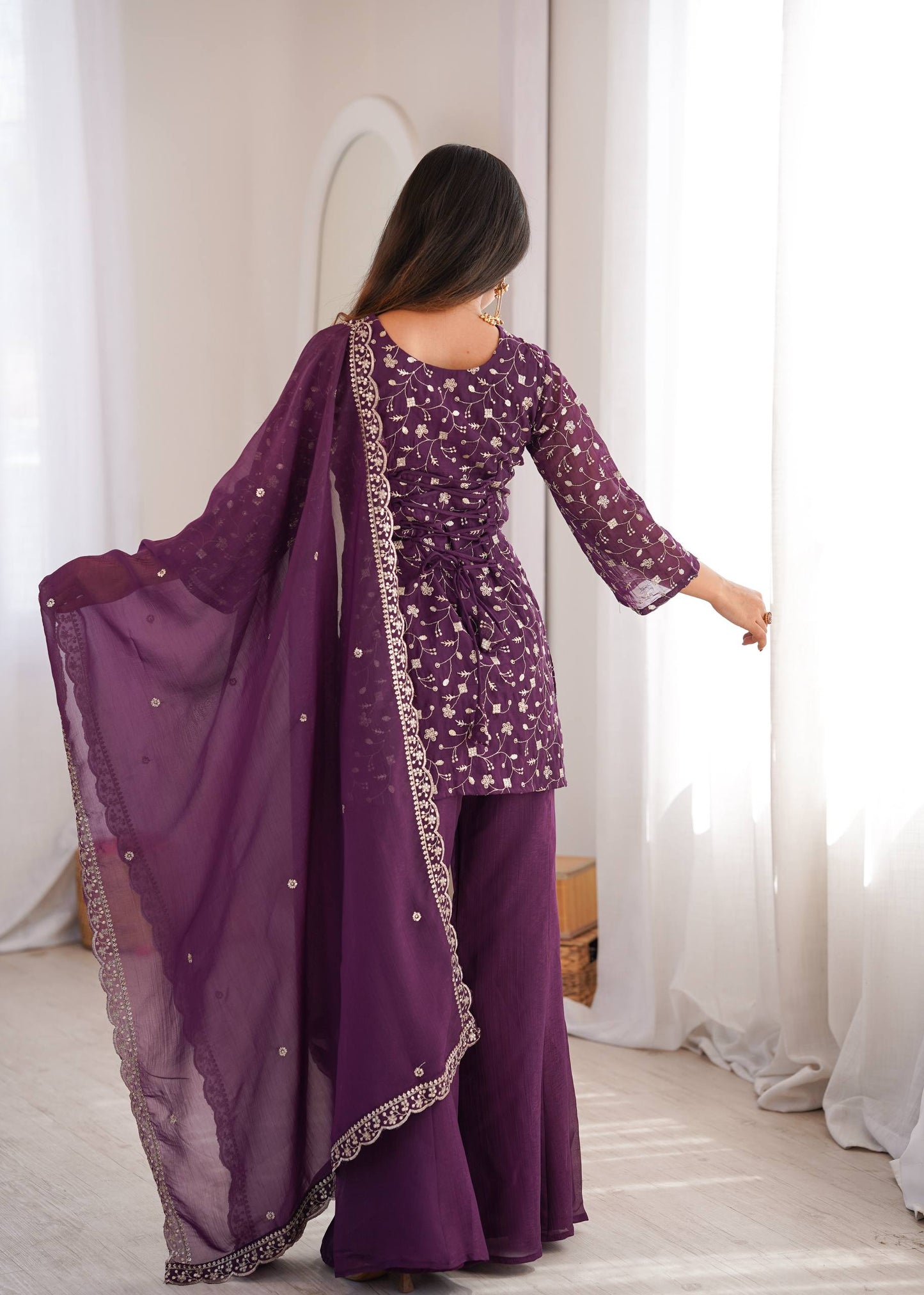 Designer Crunchy Silk Kurta Bell Bottom Set With Embroidery Sequence & Zari Work Dupatta