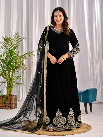 Royal Party Wear Velvet Anarkali Suit with Embroidered Net Dupatta