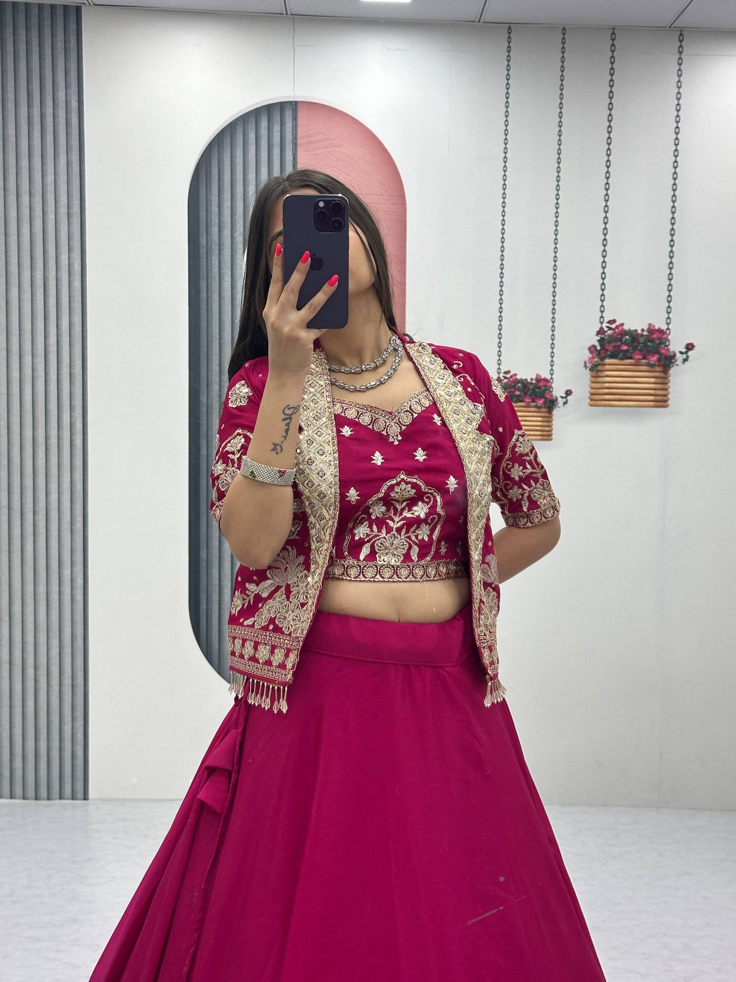 Designer Chinon Crop Top Lehenga Set with Heavy Embroidery Jacket