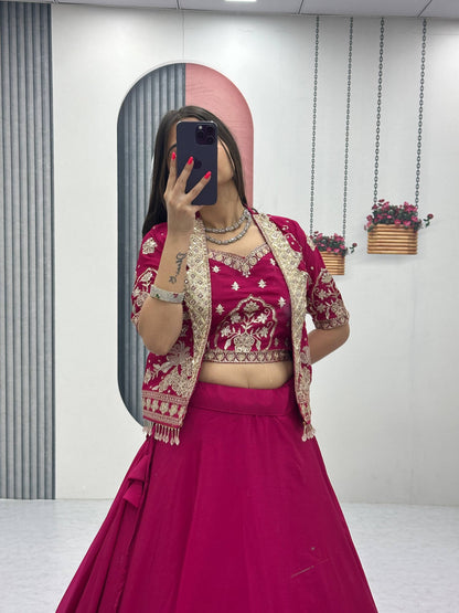 Designer Chinon Crop Top Lehenga Set with Heavy Embroidery Jacket