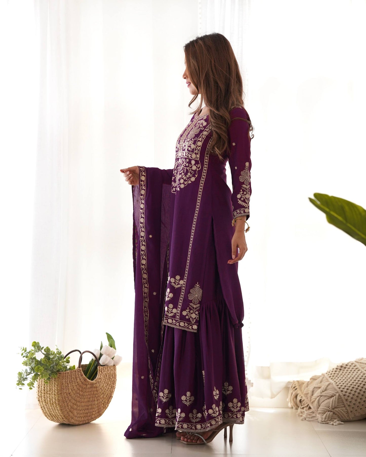 Designer Chinon Silk Kediyakurta with Sharara & Dupatta Set