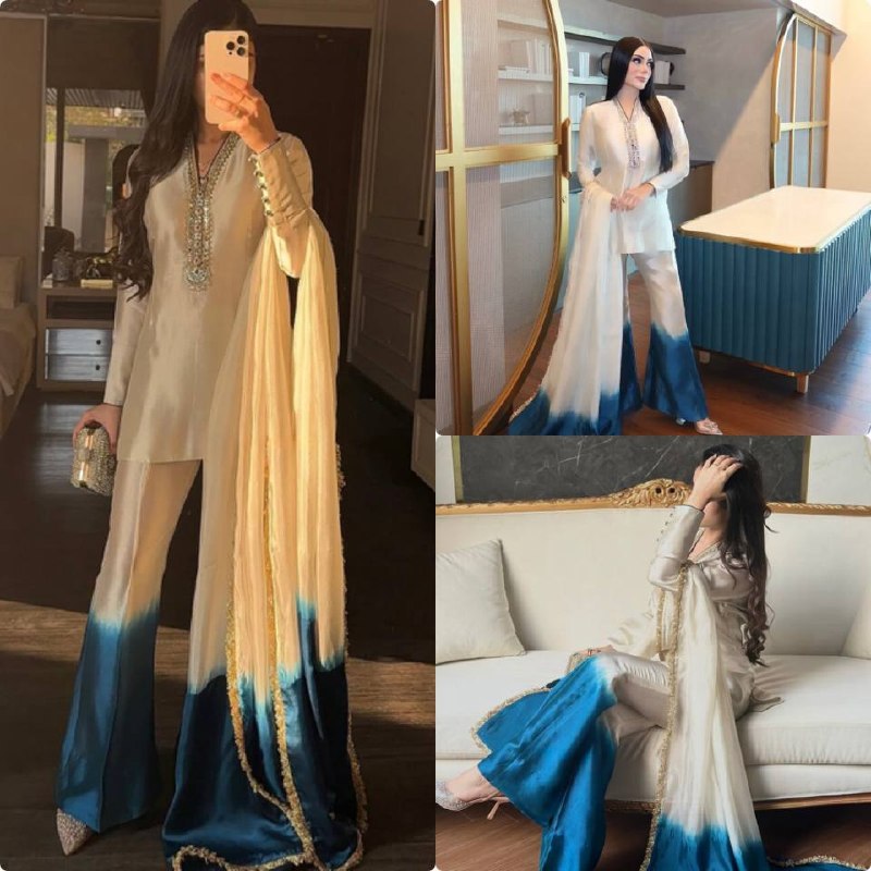 Premium Roman Glass Embroidered Top with Dual Tone Palazzo & Organza Silk Dupatta