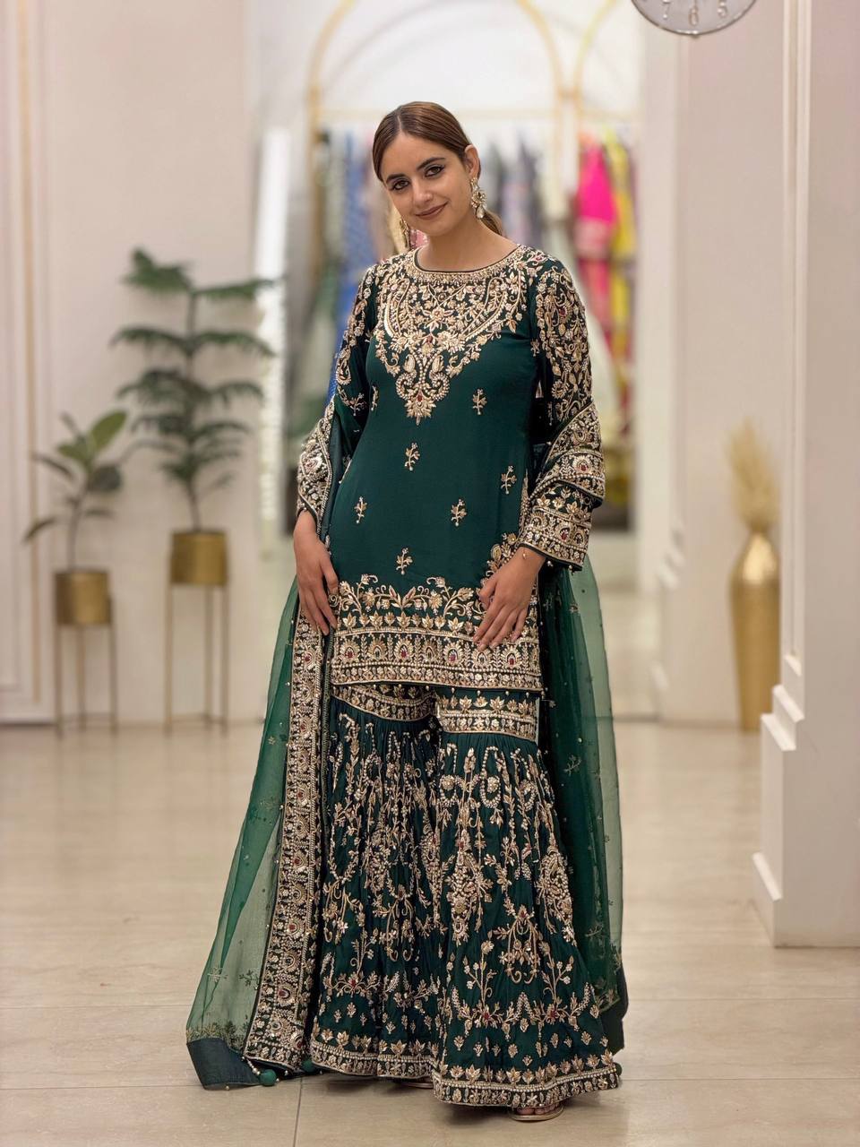 Heavy Faux Georgettec Sharara Suit Set with Meena Stone & Ceramic Moti Handwork