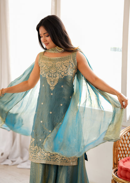 Premium Pure Fendy Silk Embroidered Sharara Set with Dupatta