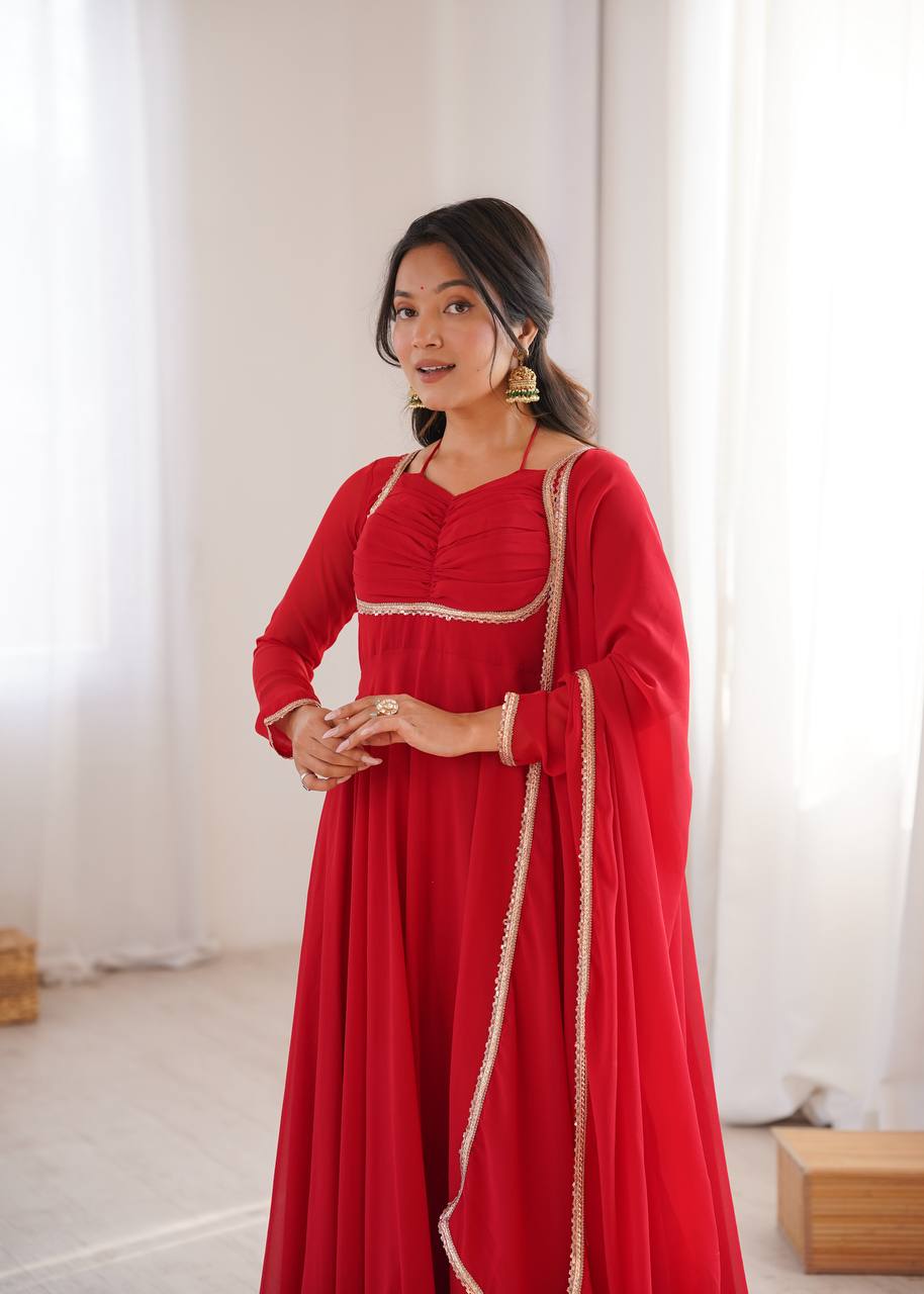 Premium Designer Fox Georgette Long Gown with Rich Flare & Lace Dupatta