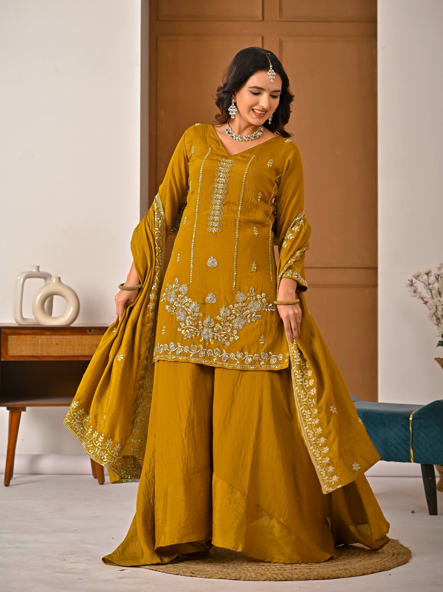 Women's Heavy NC Vichitra Embroidered Sharara Set with Dupatta