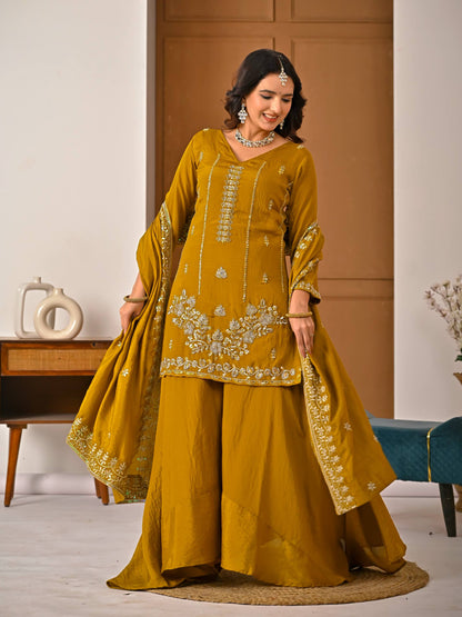 Women's Heavy NC Vichitra Embroidered Sharara Set with Dupatta