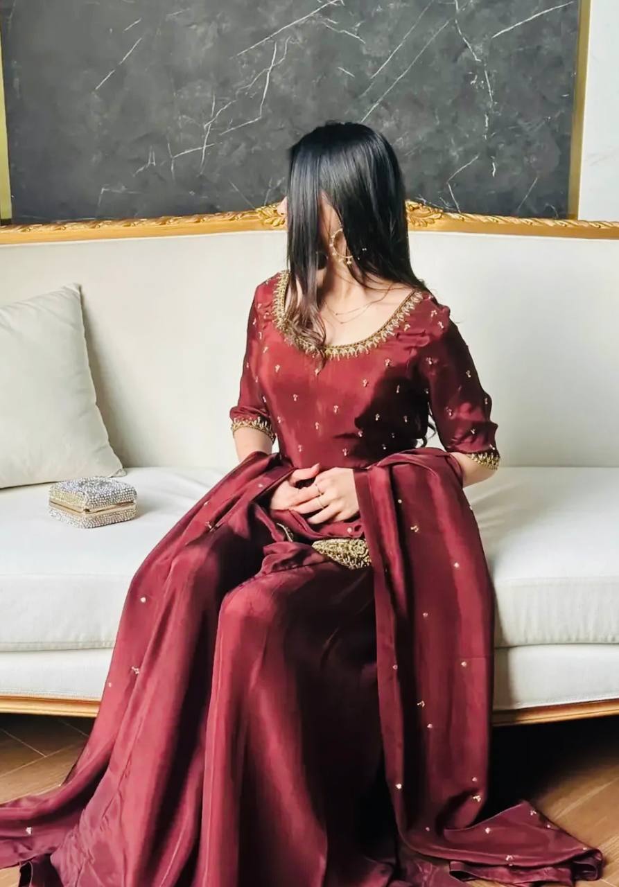 Premium Natural Crepe Silk Festive Wear Suit Set with Dupatta