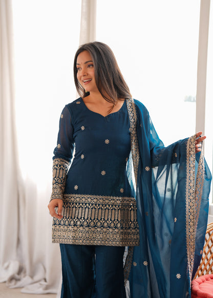 Crunchy Silk Embroidered Kurta with Bell Bottom Pant & Dupatta