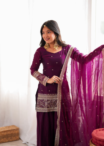 Heavy Fendy Silk Embroidered Kurta with Farshi Shalwar & Roman Silk Dupatta