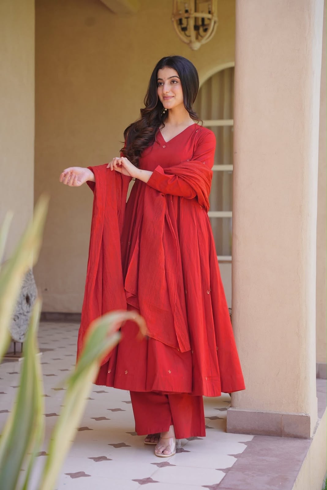 Heavy Roman Silk Embroidered Anarkali Kurta Set with Palazzo & Chanderi Silk Dupatta