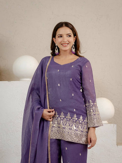 Graceful Sequin Embroidered Crunchy Silk Kurta Palazzo Set