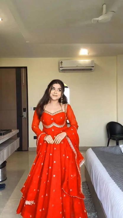 Wedding Wear Faux Georgette Anarkali with Embroidered Dupatta