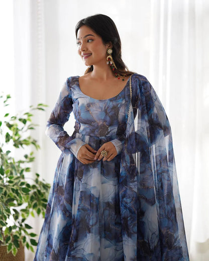 Women’s Pure Soft Organza Silk Marble Print Anarkali Suit Set with Gota Patti Dupatta