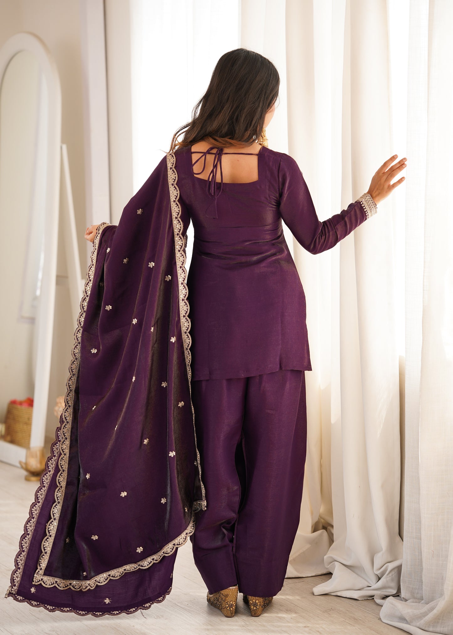 Premium Glass Roman Silk Embroidered Kurta Farshi Shalwar Set with Dupatta