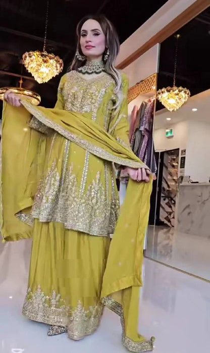 Heavy Chinon Silk Embroidered Top Sharara Palazzo Set with Dupatta