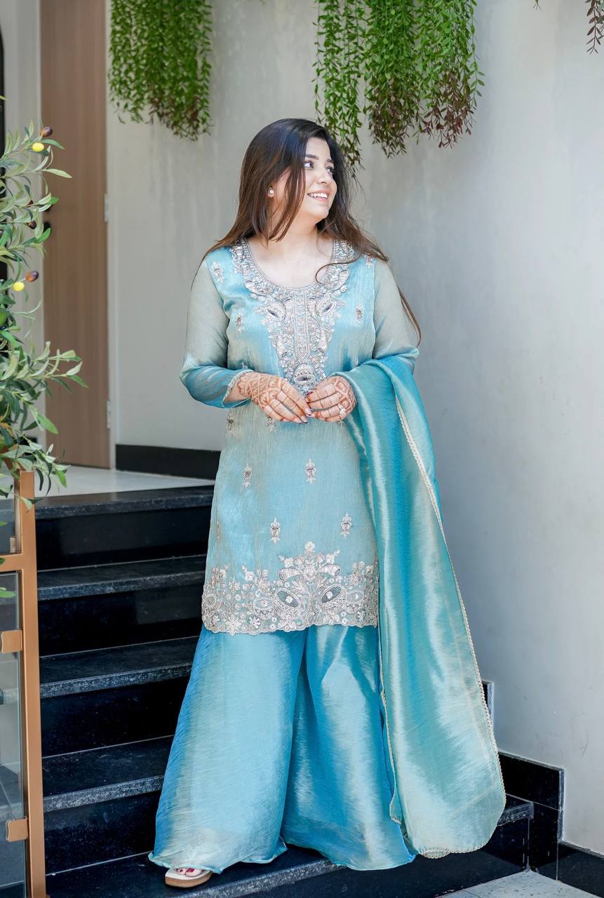 Elegant Heavy Embroidered Satin Suit Set for Women