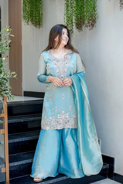 Elegant Heavy Embroidered Satin Suit Set for Women