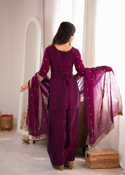 Heavy Fendy Silk Embroidered Kurta with Farshi Shalwar & Roman Silk Dupatta