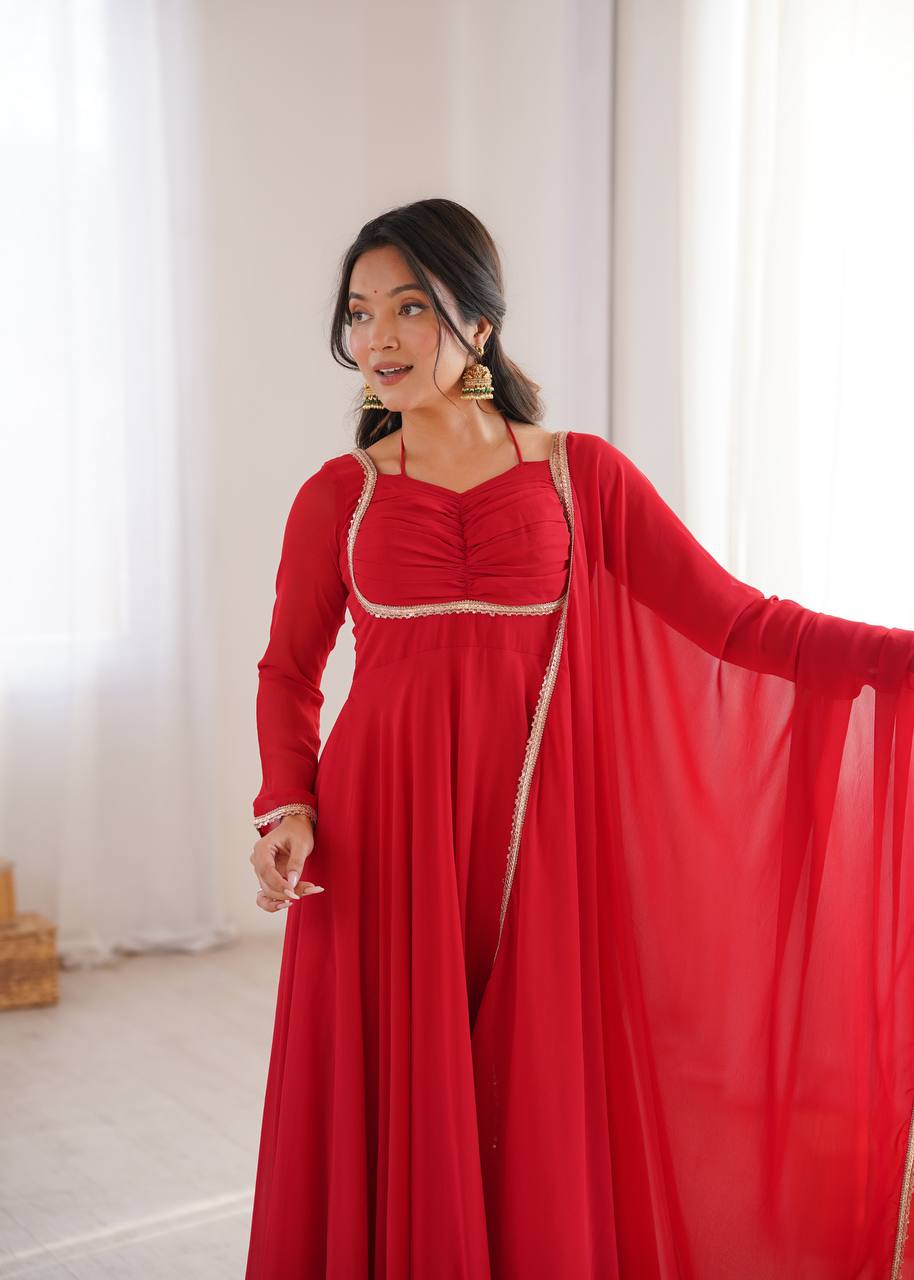 Premium Designer Fox Georgette Long Gown with Rich Flare & Lace Dupatta