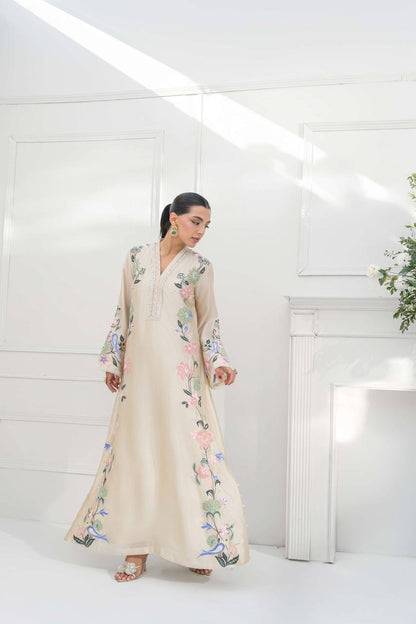 Women's Pure Roman Glass Embroidered Long Kaftan Set with Bottom & Dupatta