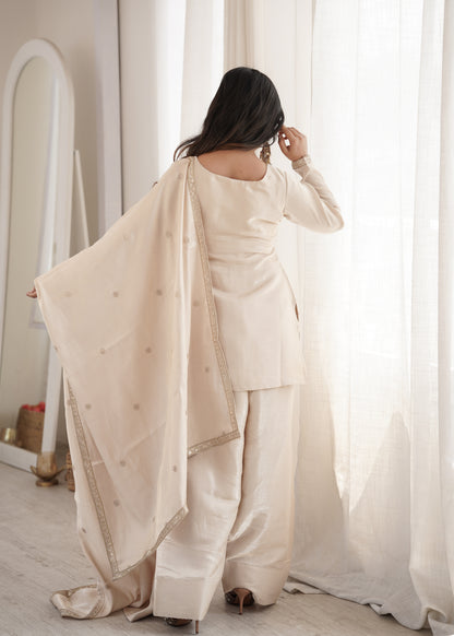 Designer Glass Roman Silk Embroidered Kurta with Farshi Shalwar & Dupatta Set