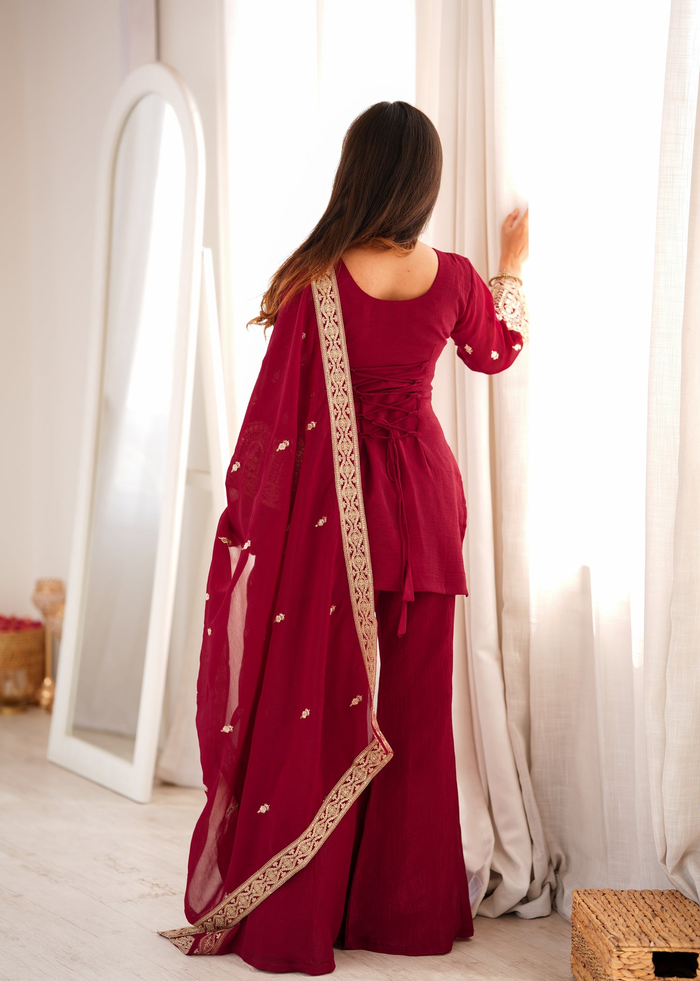 Designer Crunchy Silk Embroidered Kurta Bell Bottom Pant Set with Dupatta