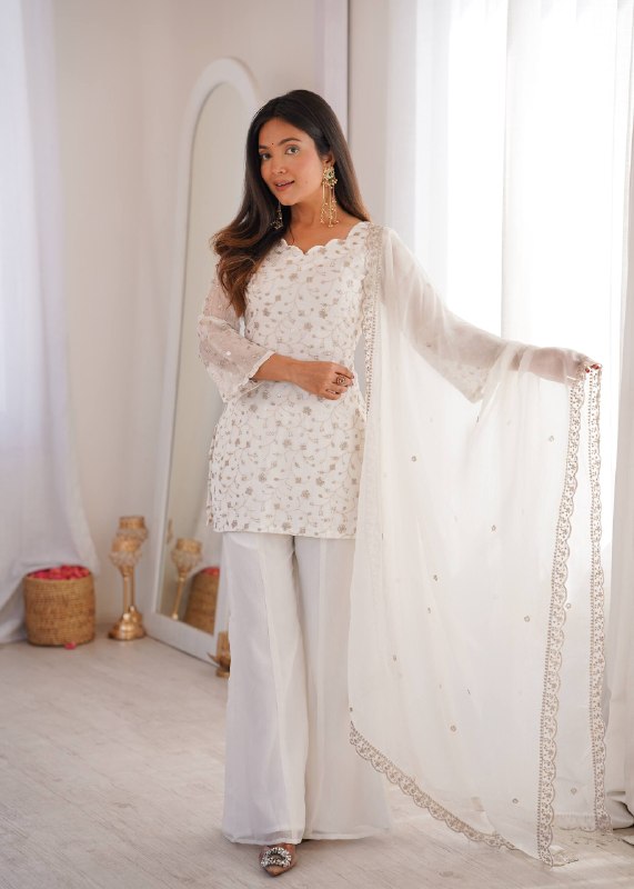 Designer Crunchy Silk Kurta Bell Bottom Set With Embroidery Sequence & Zari Work Dupatta