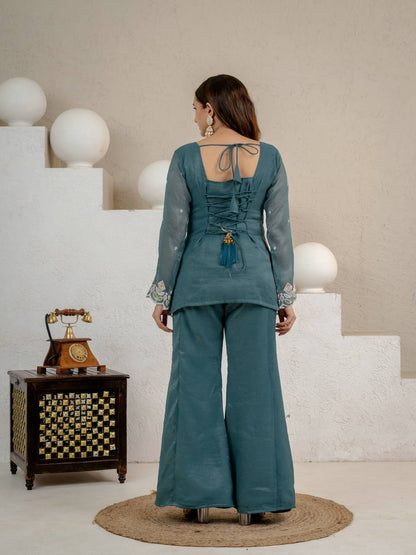 Heavy Crunchy Silk Embroidered Kurta Set with Palazzo & Dupatta