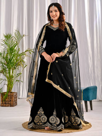 Royal Party Wear Velvet Anarkali Suit with Embroidered Net Dupatta