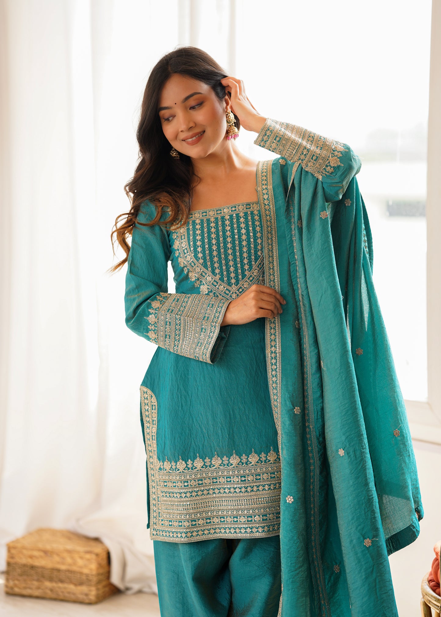 Party Wear NC Vichitra Silk Farshi Shalwar Set with Lace Dupatta