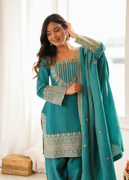 Party Wear NC Vichitra Silk Farshi Shalwar Set with Lace Dupatta