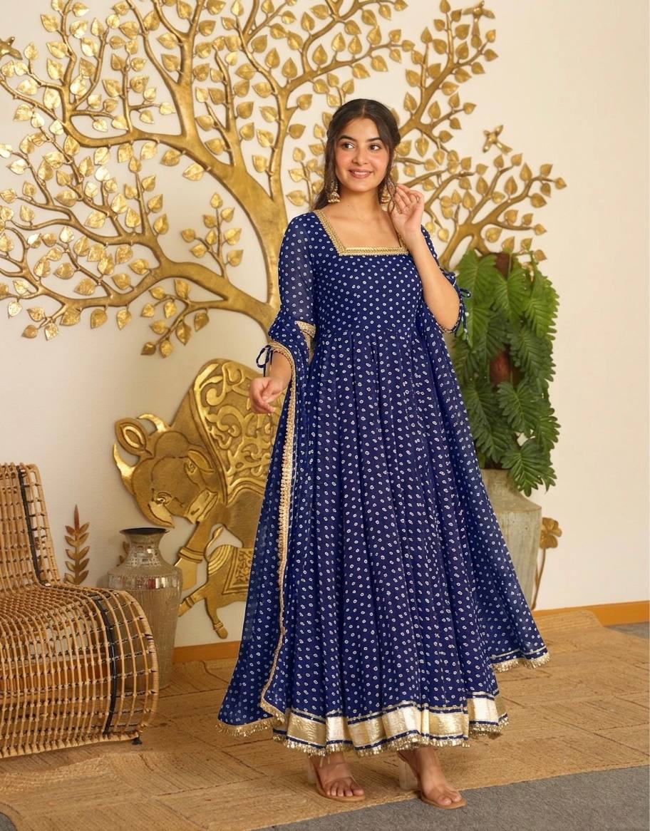 Bandhej Print Faux Georgette Gown Set with Dupatta & Bottom
