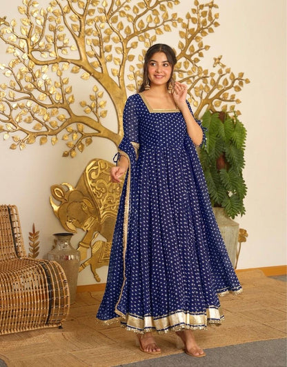 Bandhej Print Faux Georgette Gown Set with Dupatta & Bottom