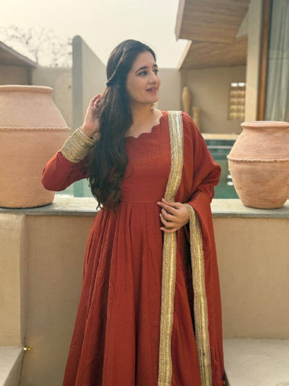 Heavy NC Vichitra Embroidered Anarkali Suit Set with Pant & Sequence Dupatta