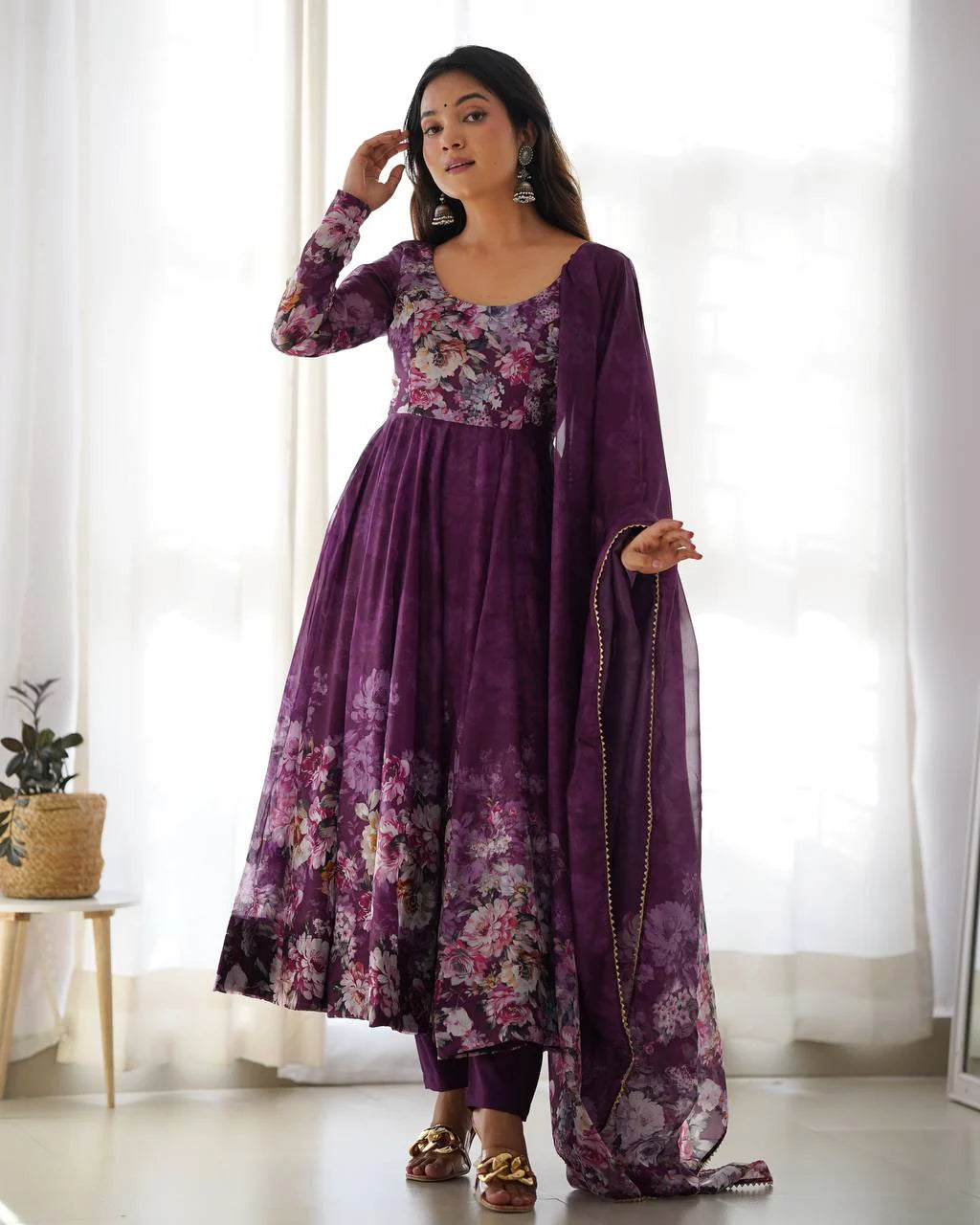 Pure Soft Organza Silk Fully Flared Kali Cut Anarkali Suit Set with Dupatta & Pant
