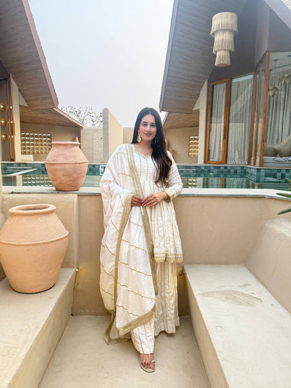Women's Heavy CP Vichitra Silk Embroidered Kurta Sharara Set with 5mm Sequence Work & Lace Border Dupatta