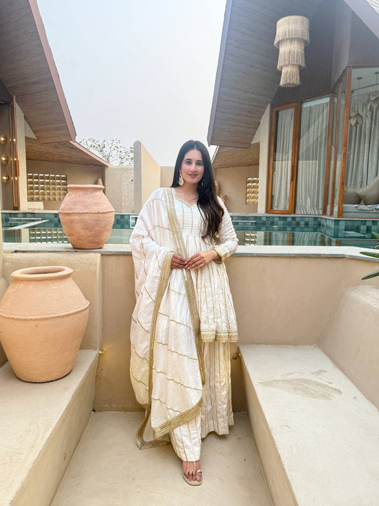 Women's Heavy CP Vichitra Silk Embroidered Kurta Sharara Set with 5mm Sequence Work & Lace Border Dupatta