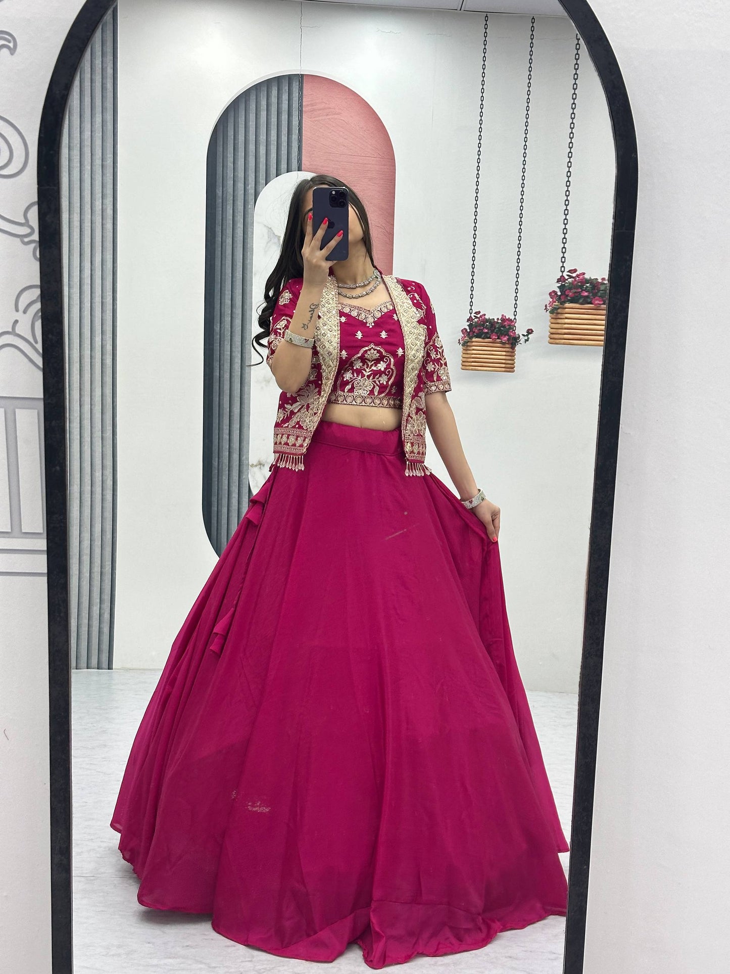 Designer Chinon Crop Top Lehenga Set with Heavy Embroidery Jacket