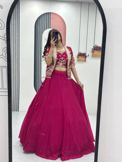 Designer Chinon Crop Top Lehenga Set with Heavy Embroidery Jacket