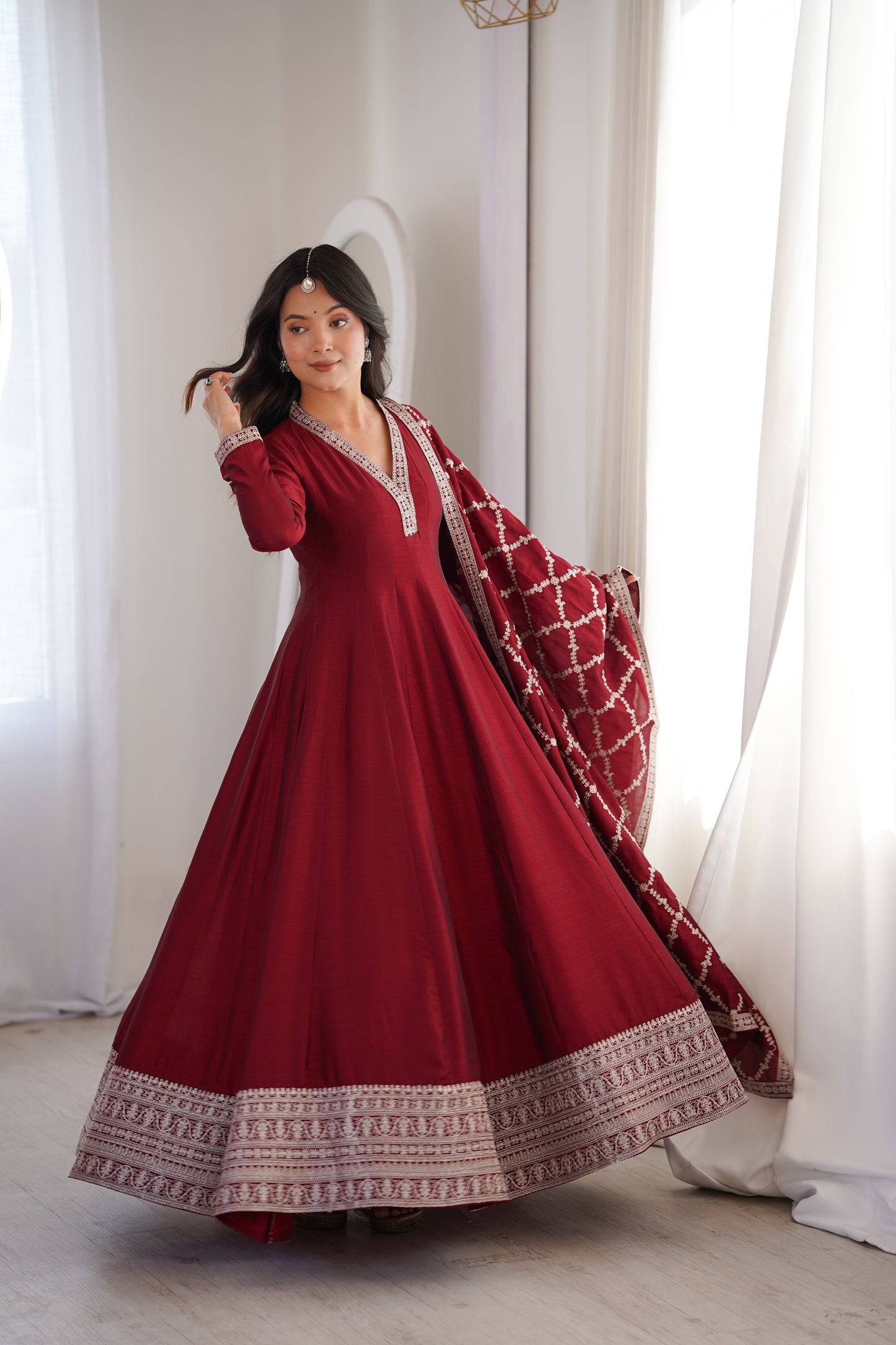 Royal Blooming Vichitra Silk Full Kali Anarkali Gown Set