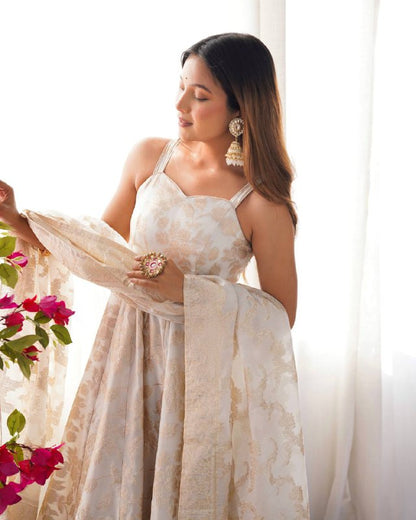 Fancy Banarasi Jackquard Dola Silk Anarkali Gown Set