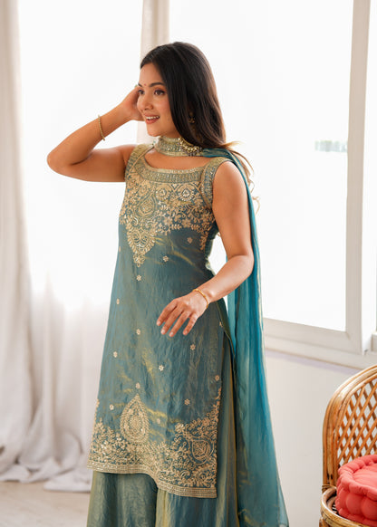Premium Pure Fendy Silk Embroidered Sharara Set with Dupatta