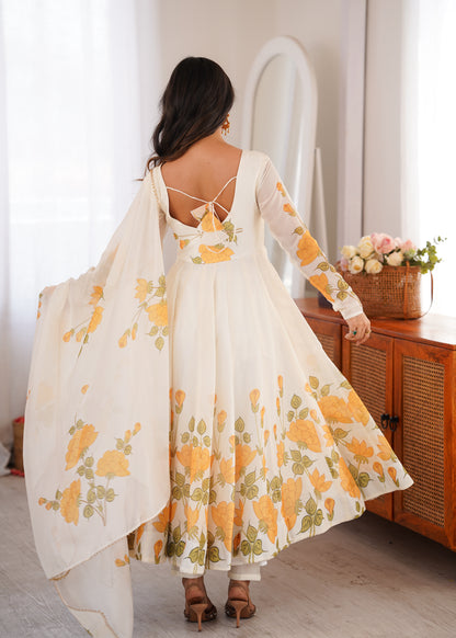 Women's Heavy Organza Silk Floral Print Anarkali Gown Set with Dupatt