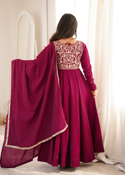 Women's Heavy Roman Silk Chanderi Anarkali Gown Set with Fancy Jacket & Embroidered Dupatta