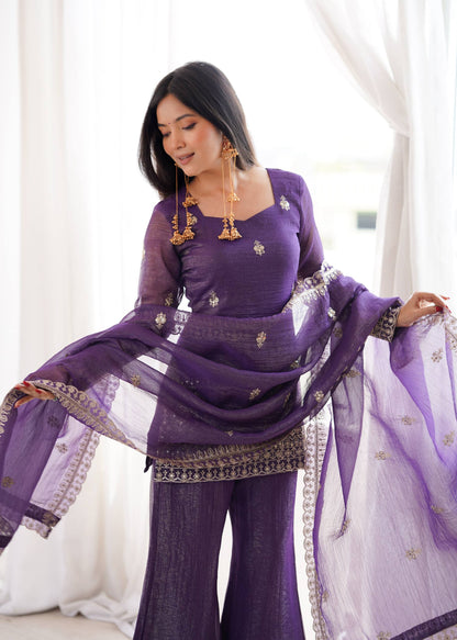 Elegant Crunchy Silk Kurta Set With Bell Bottom & Embroidery Dupatta