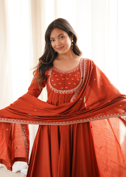 Premium Roman Chanderi Silk Anarkali Suit with Pant & Dupatta