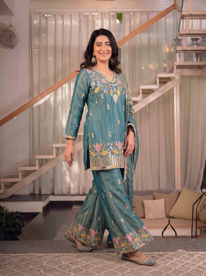 Premium Sindoori Satin Silk Embroidered Palazzo Suit Set for Women